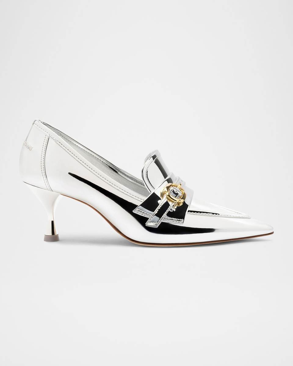 Susan Metallic Leather Buckle Loafer Pumps